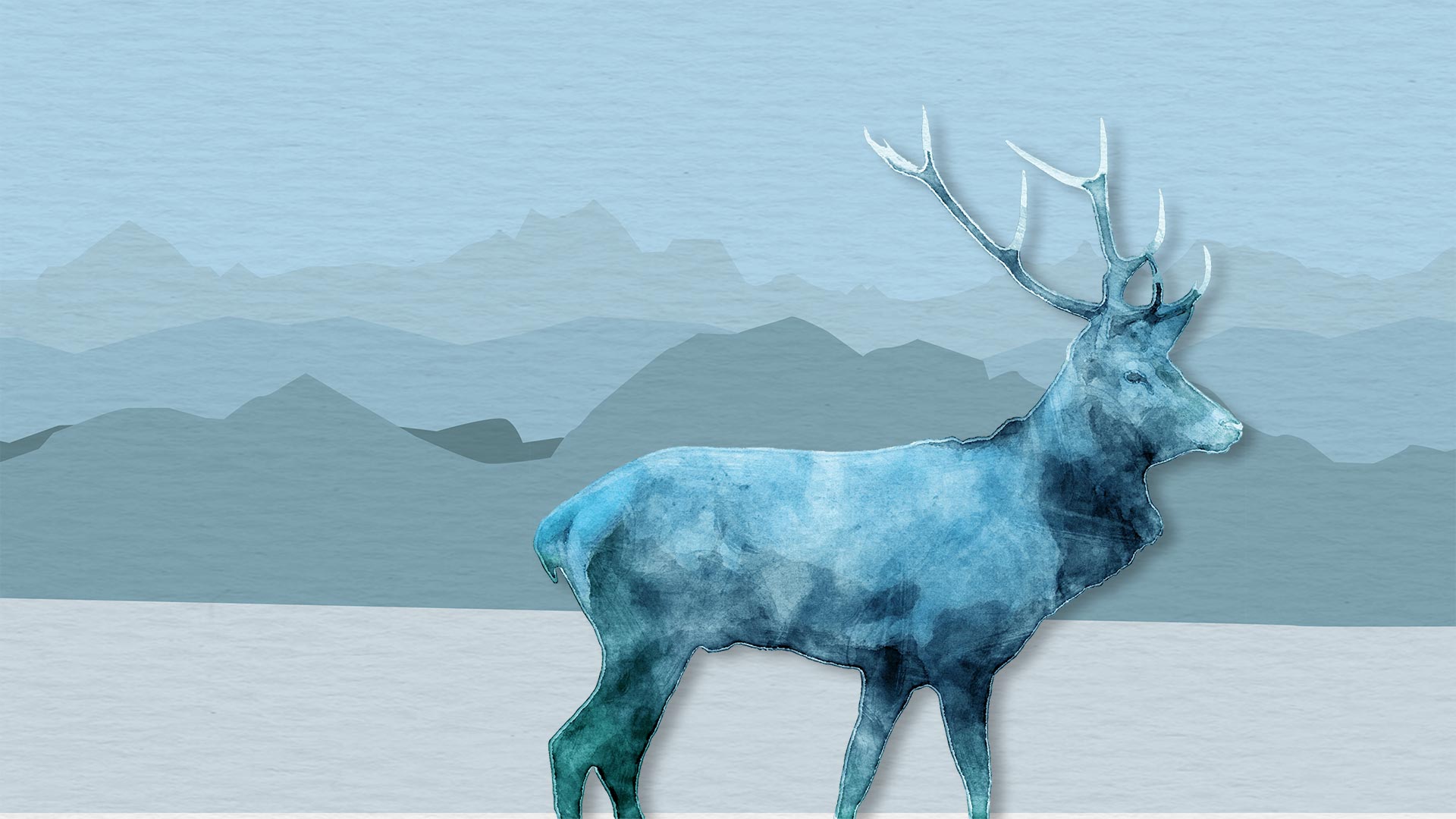 Watercolour painting of a bull elk before layered mountain ridges